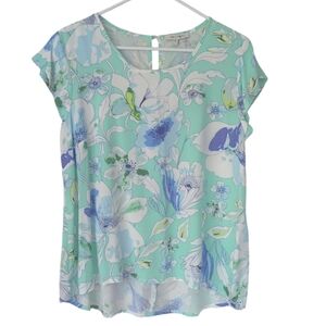 Rose & Rhyme Floral Tropical Rayon High Low Summer Blouse MEDIUM Green Blue